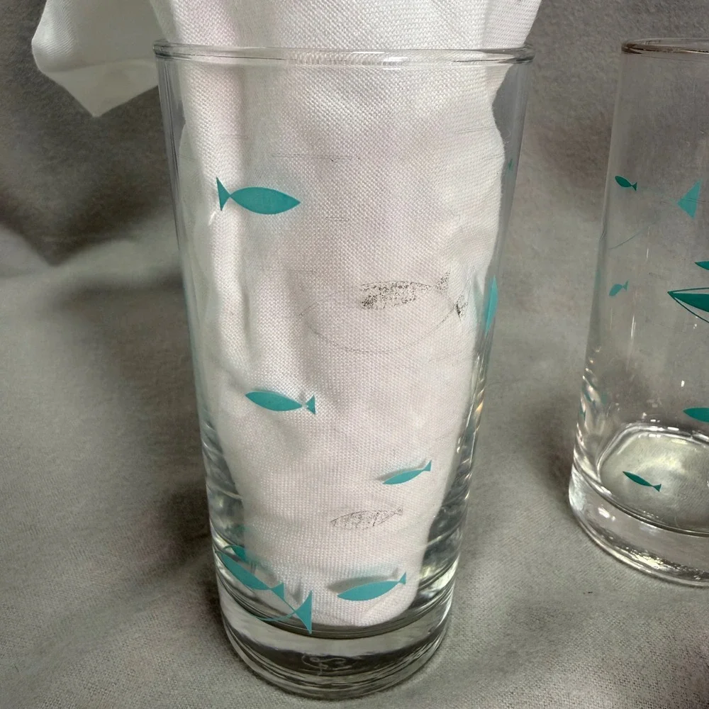 Libbey Mediterranean Atomic Fish Glass Tumblers Aqua MCM Drinking Glass Set of 5